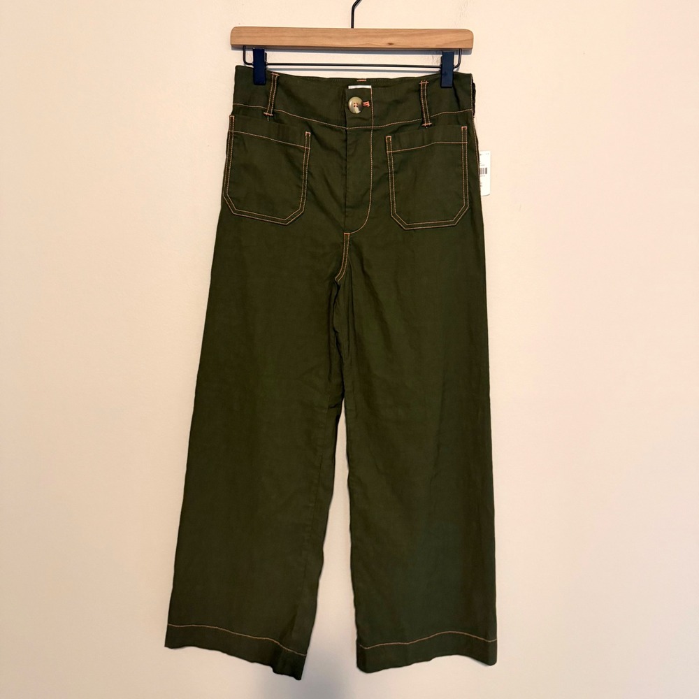 NWT Maeve Colette pants wide leg contrast stitching 26 green linen minimalist - Picture 3 of 8